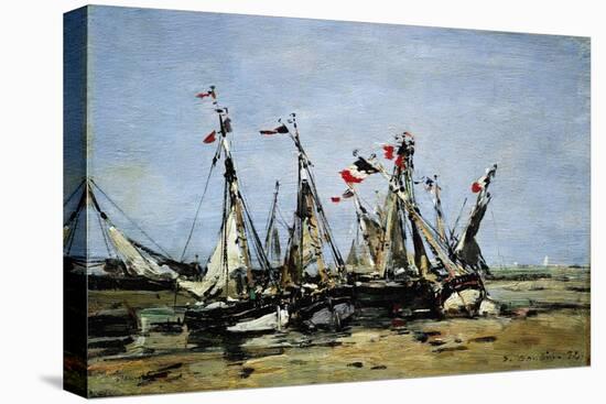 Trouville (France), Waiting for the Tide, Fishing Boats on the Beach, Decorated with French Flags,-Eugene Louis Boudin-Premier Image Canvas