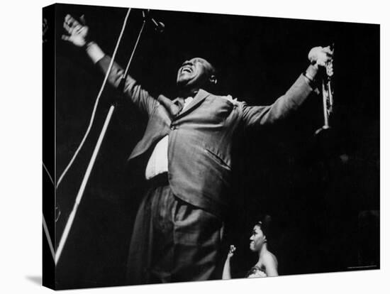 Trumpeter Louis Armstrong Belting Out His Famous Rendition of the Song "Hello Dolly" in a Nightclub-John Loengard-Premier Image Canvas