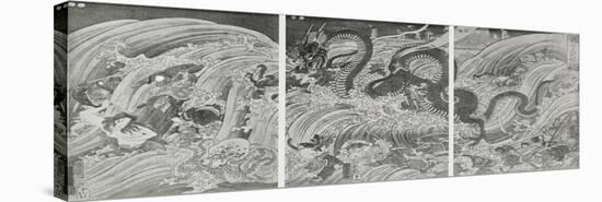 Tryptique. La pêcheuse de perles sacrées poursuivie par un grand dragon escorté de poissons-Kuniyoshi Utagawa-Premier Image Canvas
