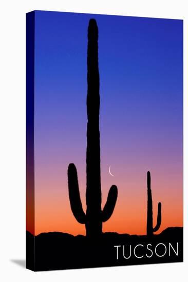 Tucson, Arizona - Cactus and Moon-Lantern Press-Stretched Canvas