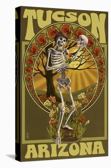 Tucson, Arizona - Day of the Dead - Skeleton Holding Sugar Skull-Lantern Press-Stretched Canvas