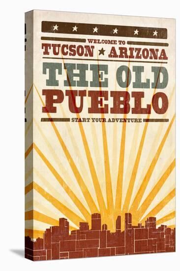 Tucson, Arizona - Skyline and Sunburst Screenprint Style-Lantern Press-Stretched Canvas