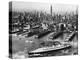 Tugboats Aid Ocean SS Queen Mary While Docking at 51st Street Pier with NYC Skyline in Background-null-Premier Image Canvas