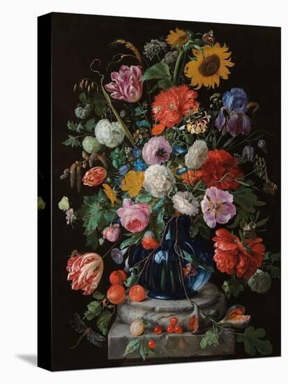 Tulips, a sunflower, an iris and numerous other flowers in a glass vase on marble column base-Jan Davidsz. de Heem-Premier Image Canvas