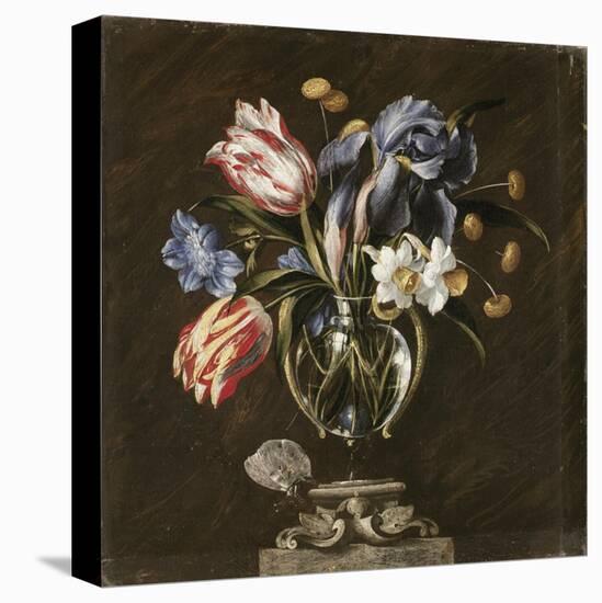 Tulips, Daffodils, Irises and Other Flowers in a Glass Vase on a Sculpted Stand, with a Butterfly-Juan de Arellano-Premier Image Canvas