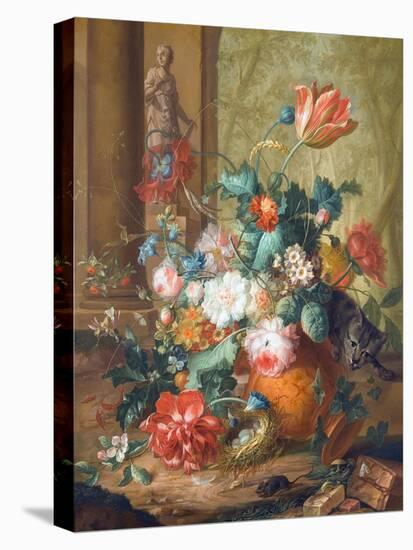 Tulips, Roses and Other Flowers in a Classical Urn Overturned by a Cat Chasing a Mouse-Johannes Christianus Roedig-Premier Image Canvas
