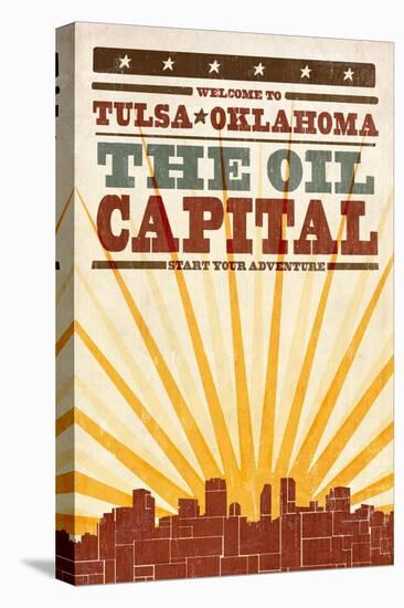 Tulsa, Oklahoma - Skyline and Sunburst Screenprint Style-Lantern Press-Stretched Canvas