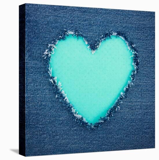 Turquoise Vintage Heart on Blue Denim Fabric-Anna-Mari West-Stretched Canvas