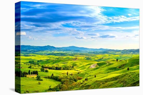 Tuscany, Rural Sunset Landscape. Countryside Farm, White Road and Cypress Trees.-stevanzz-Premier Image Canvas