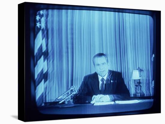 TV Image of Pres. Richard M. Nixon Announcing His Resignation in Speech from the Oval Office-Gjon Mili-Premier Image Canvas