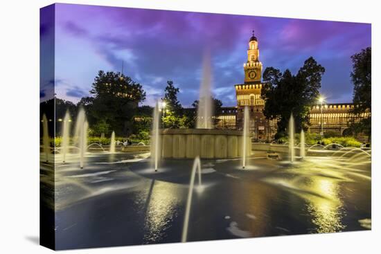 Twilight view of Sforza Castle or Castello Sforzesco and fountain, Milan, Lombardy, Italy-Stefano Politi Markovina-Premier Image Canvas