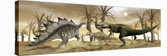 Two Allosaurus Dinosaurs Attack a Lone Stegosaurus in the Desert-Stocktrek Images-Stretched Canvas