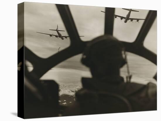 Two B-29 Super-Fortresses Drop Bombs over Malaya as Seen from the Cockpit of Third Bomber, 1943-45-null-Stretched Canvas