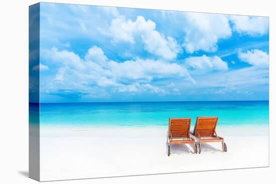 Two Empty Sunbed on the Beach, Beautiful Seascape, Relaxation on Maldives Island, Luxury Summer Vac-Anna Omelchenko-Premier Image Canvas