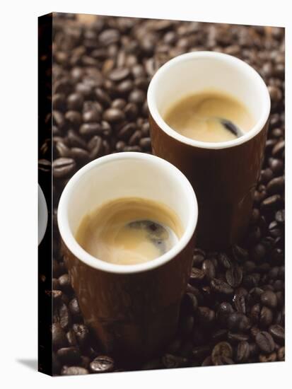 Two Espressos Standing on Coffee Beans-null-Premier Image Canvas