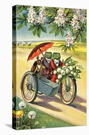 Two Frogs on Motorcycle with Umbrella and Flowers-null-Stretched Canvas