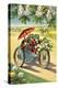Two Frogs on Motorcycle with Umbrella and Flowers-null-Stretched Canvas
