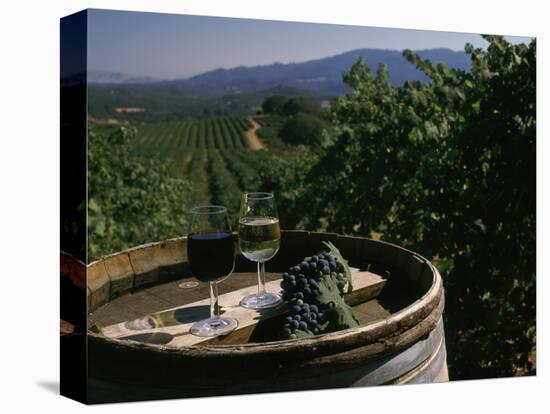 Two Glasses of Wine on Barrel at Kunde Estates Winery, Sonoma Valley, Sonoma County, California-null-Premier Image Canvas