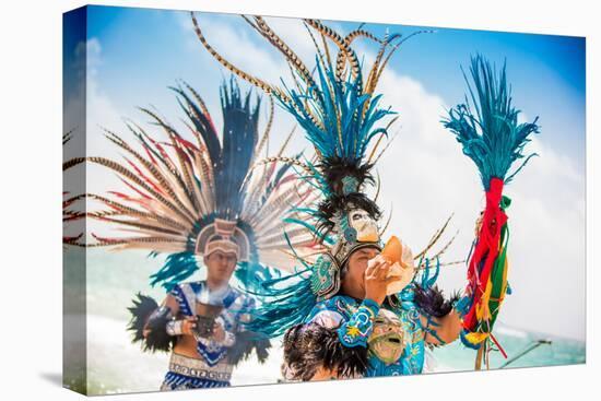 Two Indigenous Toltec Men Performing a Sunrise Ceremony on the Beach of Tulum, Yucatan Peninsula-Laura Grier-Premier Image Canvas