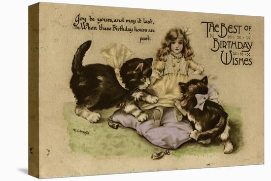 Two Kittens Playing with a Doll on a Birthday Postcard-null-Stretched Canvas