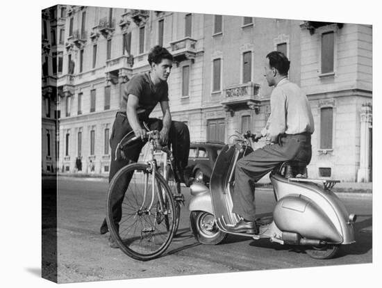 Two Men Talking in Street with Vespa Scooter and Bicycle-Dmitri Kessel-Premier Image Canvas