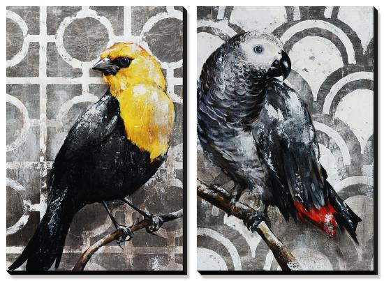 Two of a Feather - Grey/Yellow Birds-Sydney Edmunds-Stretched Canvas