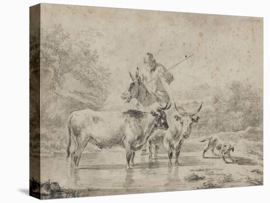 Two Oxen and a Shepherd on a Donkey Through the Ford-null-Premier Image Canvas