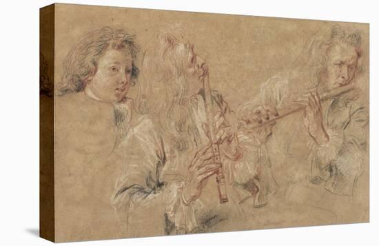 Two Studies of a Flutist and a Study of the Head of a Boy-Jean-Antoine Watteau-Stretched Canvas