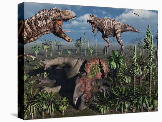 Two T. Rex Dinosaurs Confront Each Other over a Dead Triceratops-Stocktrek Images-Premier Image Canvas