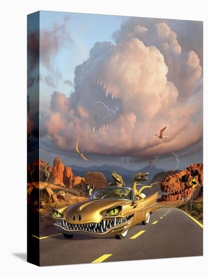 Two Velociraptors in their Scary Car Cruise a Prehistoric Landscape-null-Stretched Canvas