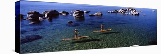 Two Women Paddle Boarding in a Lake, Lake Tahoe, California, USA-null-Premier Image Canvas
