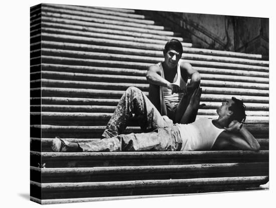 Two Young Italian Workmen Loafing on the Spanish Steps During Lunch Hour-Paul Schutzer-Premier Image Canvas