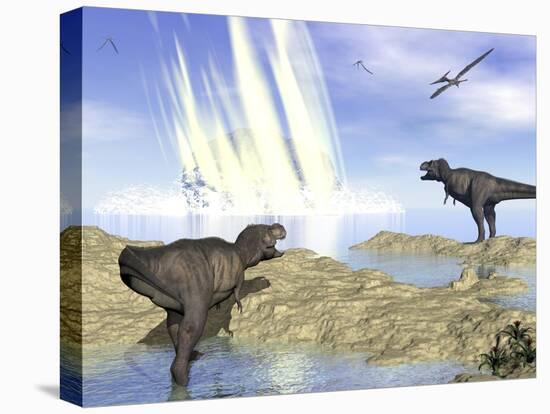 Tyrannosaurus Rex and Pteranodons Watch a Meteorite Impact-null-Stretched Canvas