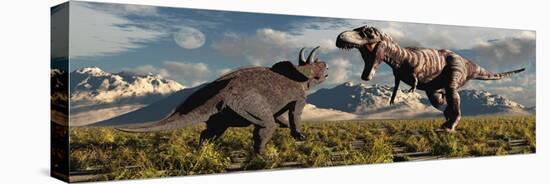 Tyrannosaurus Rex and Triceratops Meet for a Battle to the Death-null-Stretched Canvas