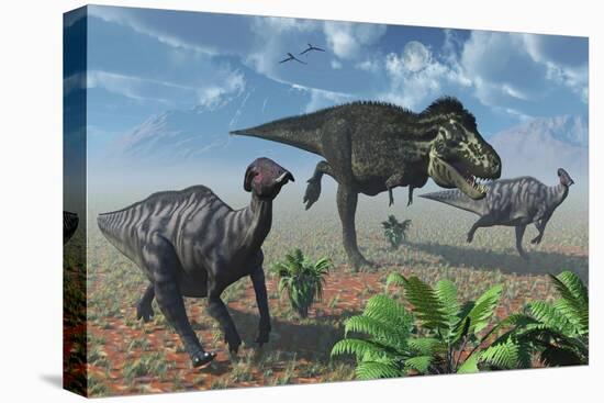 Tyrannosaurus Rex Attacking a Herd of Parasaurolophus Duckbill Dinosaurs-null-Stretched Canvas