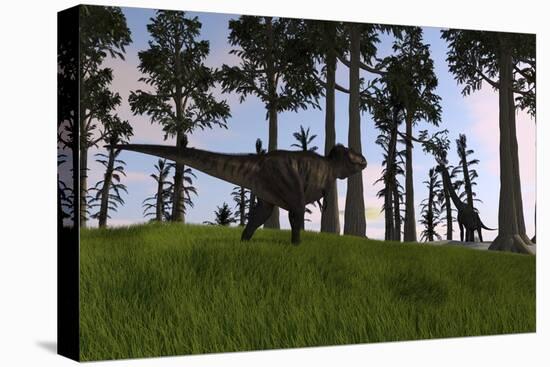 Tyrannosaurus Rex Confronts a Large Brachiosaurus-null-Stretched Canvas