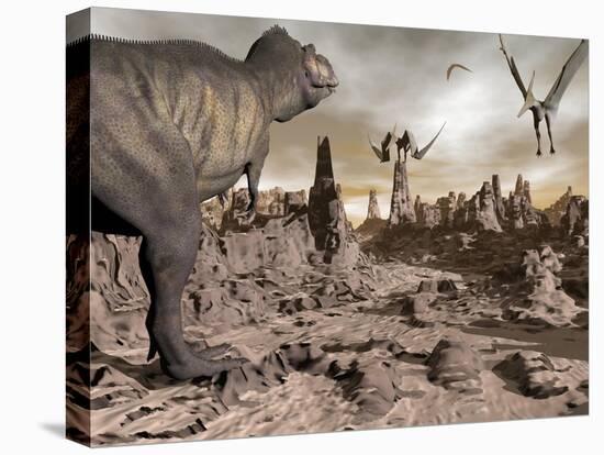 Tyrannosaurus Rex Dinosaur and Pteranodons on a Rocky Desert Landscape-null-Stretched Canvas