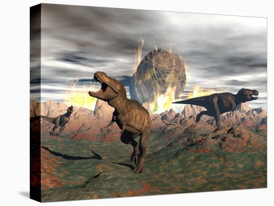 Tyrannosaurus Rex Dinosaurs Escaping a Big Meteorite Crash-null-Stretched Canvas