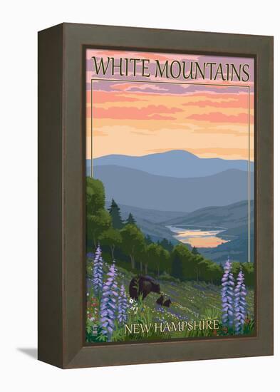 White Mountains, New Hampshire - Bears and Spring Flowers-Lantern Press-Framed Stretched Canvas