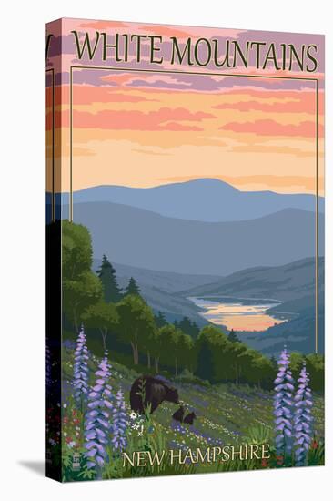 White Mountains, New Hampshire - Bears and Spring Flowers-Lantern Press-Stretched Canvas
