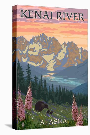 Kenai River, Alaska - Bear Family and Flowers-Lantern Press-Stretched Canvas