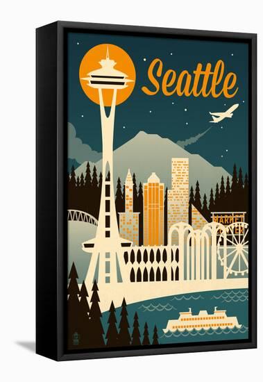 Seattle, Washington - Retro Skyline-Lantern Press-Framed Stretched Canvas