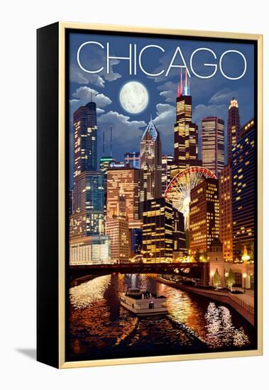 Chicago, Illinois - Skyline at Night-Lantern Press-Framed Stretched Canvas