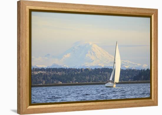 Interstate 90 Bridge with Mt. Rainier Looming Behind, Wa, USA-Stuart Westmorland-Framed Premier Image Canvas