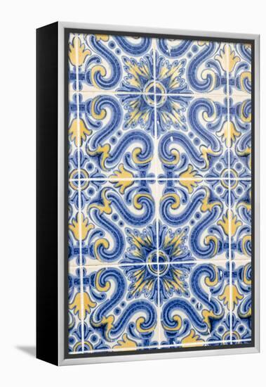 Portugal, Lisbon, Alfama District. Doorway with Blue and Yellow Tile Work-Emily Wilson-Framed Premier Image Canvas