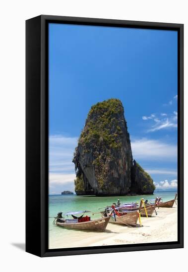 Thailand: Tour boats lined up on the beach at Hat Tham Phra Nang, Krabi Coast-null-Framed Premier Image Canvas