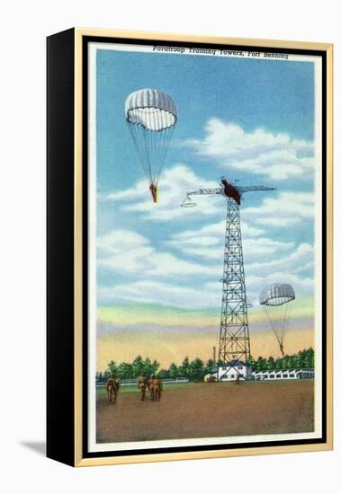 Fort Benning, Georgia, View of Paratroop Training Towers, Parachutes-Lantern Press-Framed Stretched Canvas