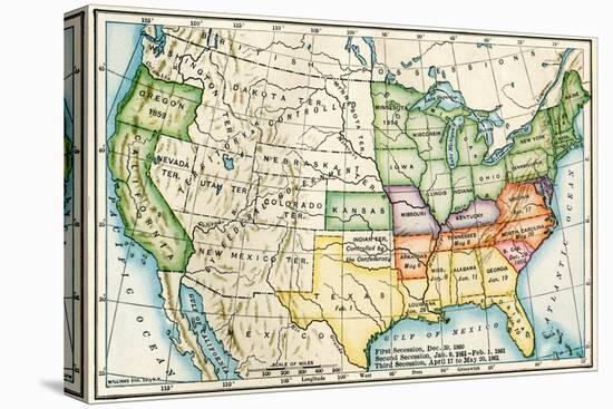 U.S. Map Showing Seceeding States by Date, American Civil War, c.1861-null-Premier Image Canvas