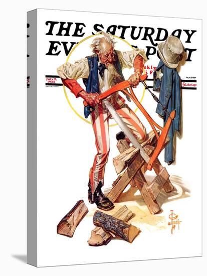 "Uncle Sam Sawing Wood," Saturday Evening Post Cover, July 2, 1932-Joseph Christian Leyendecker-Premier Image Canvas