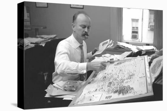 Unidentified Man Pinning a Us Map with Political Religious Bias Statistics, 1960-Walter Sanders-Premier Image Canvas